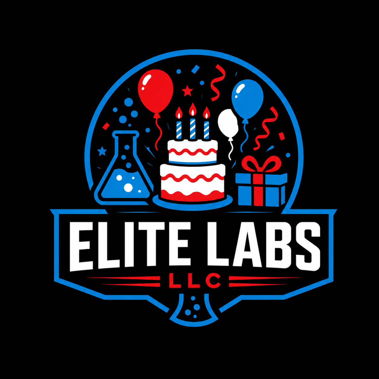 Elite Labs LLC birthday parties logo with cake, balloons and gift